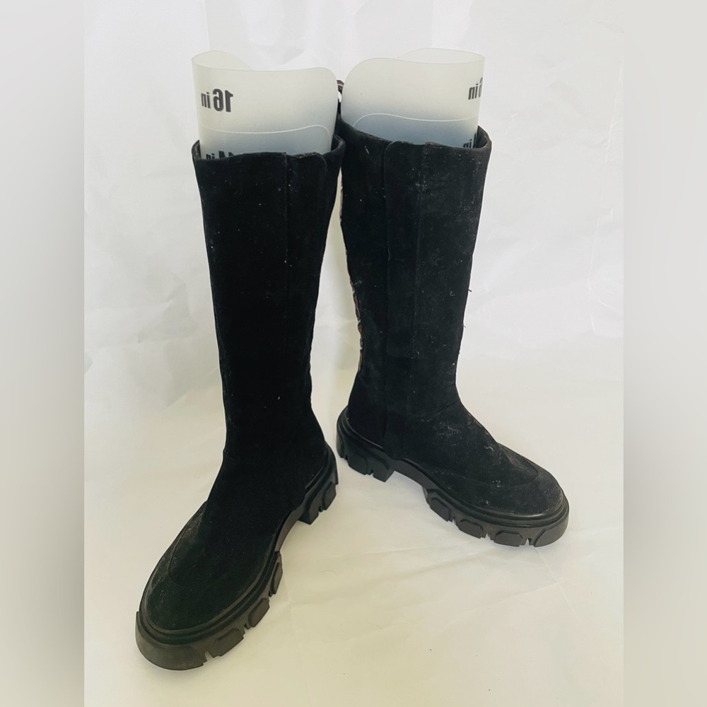 New Farm Rio Women Long Black Fabric Platform Retro Round toe Zip Boots US 8.5 - Picture 3 of 8
